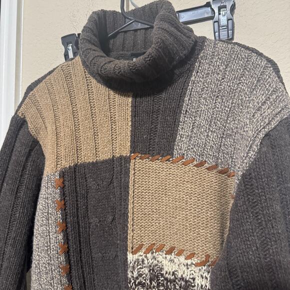 HUGO BOSS Mens Turtleneck Sweater Brown Colorblock Wool Silk ribbed cable Italy - Picture 2 of 7